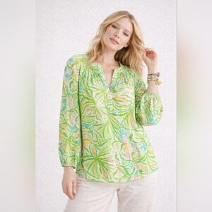 Lilly Pulitzer Silk Blouse Tropical Print Smocked Neck Long Sleeve Small